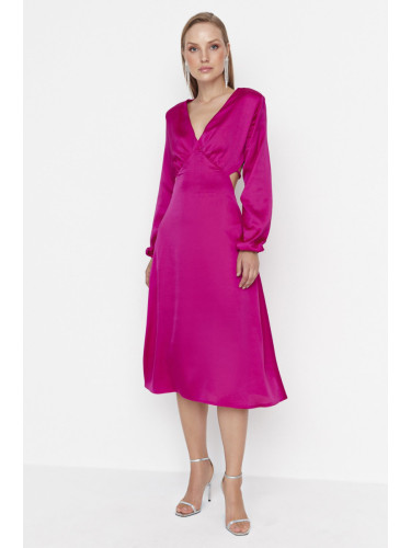 Модерна фуксия V-образно деколте сатенена вечерна рокля
