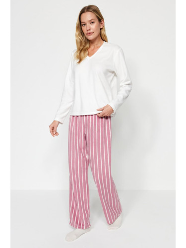 Trendyol White Striped Fleece Winter Knitted Pajamas Set