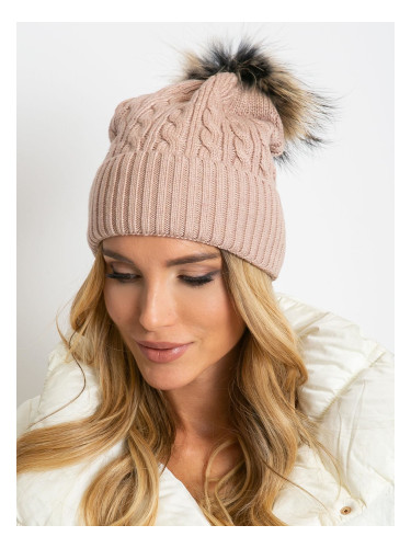 Cap with braids and fur pompom, dirty pink