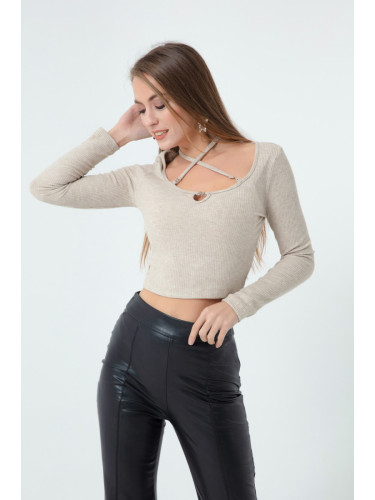 Lafaba Women's Beige Knitted Crop with Metal Accessories