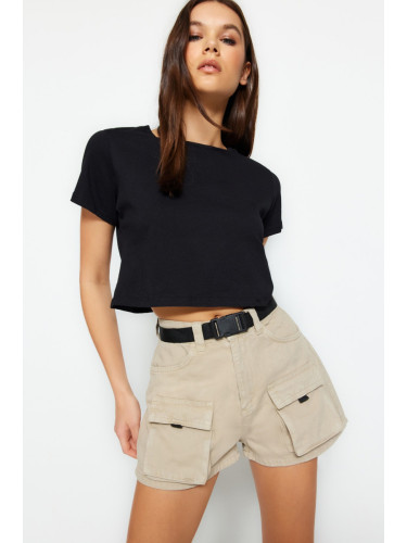 Trendyol Beige Cargo Pocket Belted Denim Shorts