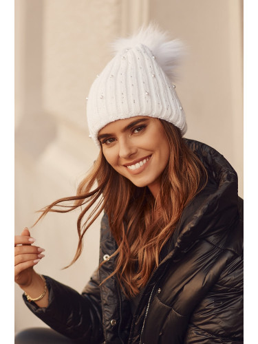 Warm cap with beads and a white pompom