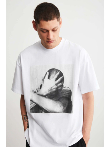 GRIMELANGE Elvis Men's Oversize Fit 100% Cotton Thick Textured Printed White T-shirt
