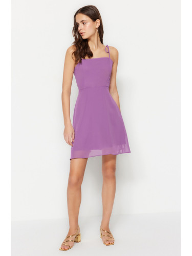 Trendyol лилаво тъкани облицовани шифон каишка мини тъкани рокля