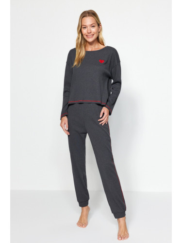 Trendyol Anthracite Embroidery and Stitch Detail Ribbed Cotton Tshirt-Jogger Knitted Pajamas Se