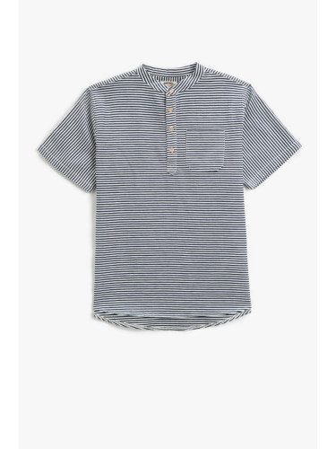 Koton Mandarin Collar T-Shirt Short Sleeved One Pocket Striped Cotton
