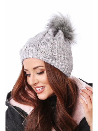 Winter hat with pompom, light gray with rose