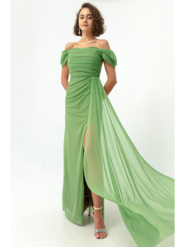 Lafaba жените зелена лодка яка драпирани дълго блестящ вечерна рокля с цепка.