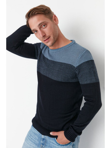 Trendyol Navy Blue Men's Slim Fit Crew Neck Blocky Sweater