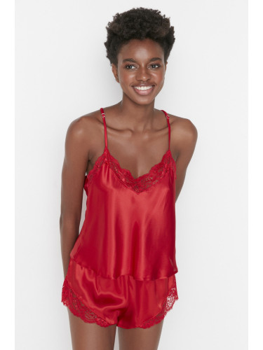 Trendyol Red Lace Detailed Rope Strap Satin Woven Pajama Set