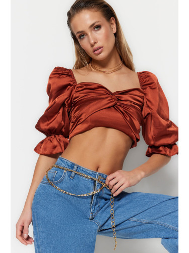 Trendyol Cinnamon Crop Lined Woven Satin Blouse