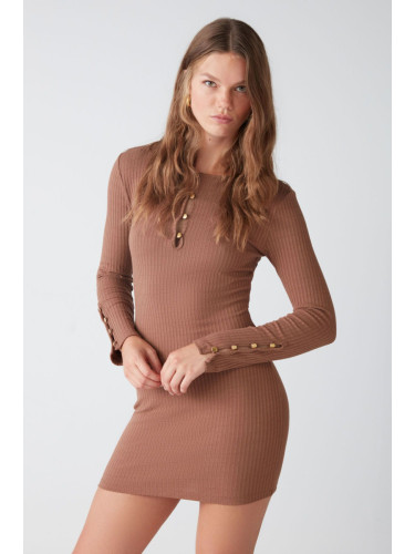 GRIMELANGE Cutie Women's Ribbed Flexible Fabric Bodycon Fit Metal Buttoned Mini Brown Dress