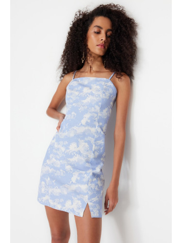 Trendyol синьо обикновен нарязани мини тъкани каишка шарени тъкани рокля