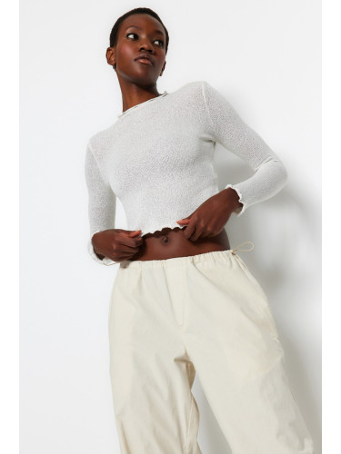 Trendyol Ecru Lurex Knitwear Look High Collar Crop Knitted Blouse