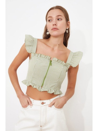 Trendyol Green Fitted Woven Crop Zipper Detail Gingham Blouse