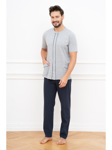 Men's pyjamas Alcest, short sleeves, long trousers - melange/navy blue