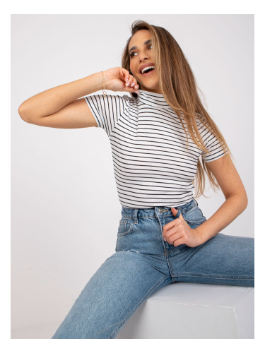 Black and white blouse with high neckline in ribbed cotton by Amande OCH BELLA