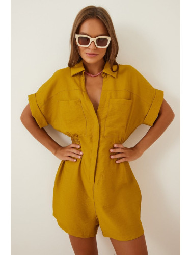 Happiness İstanbul Women's Mustard Linen Viscose Jumpsuit with Shorts TO0009