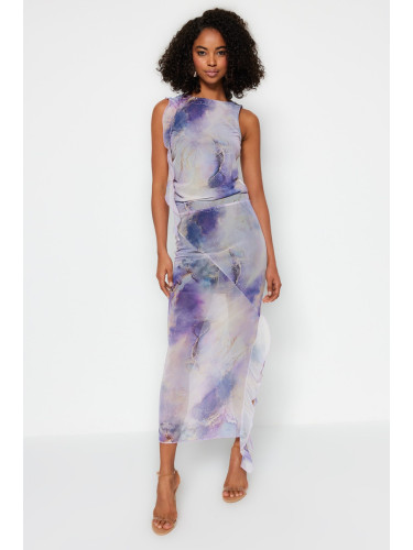 Trendyol Lilac Printed Tulle Slit Detailed Ruffled Midi Stretchy Knitted Skirt