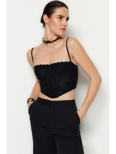 Trendyol Black Crop Lined Corset Detailed Knitted Lace Bustier