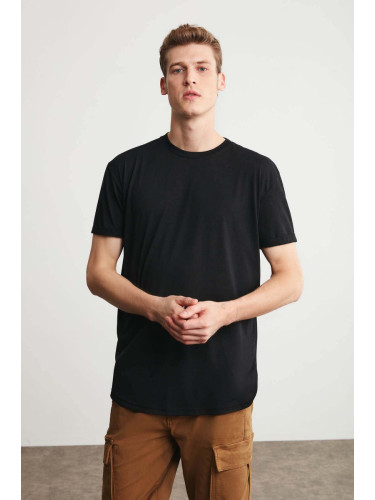 GRIMELANGE Oscar Men's Long Fit Black Flowy Fabric T-shirt