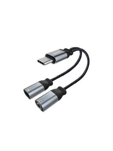 Кабел AUX splitter XO, USB-C към женски 3.5 жак и женско USB-C, Черен
