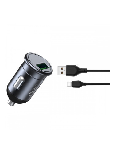 Зарядно устройство за кола комплект XO CC46 с USB изход QC 3.0, с кабел USB-C-USB-A, 12V, 18W, 3A, Графит