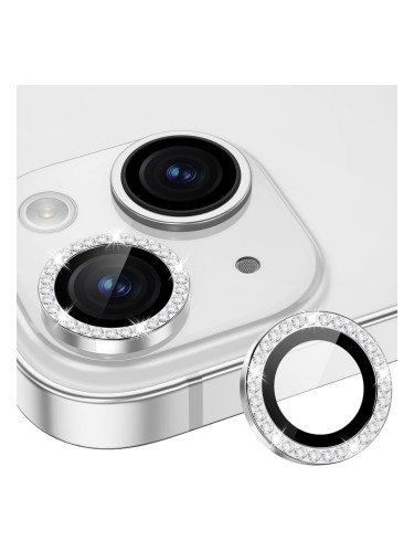 Стъклен протектор с метални рингове и камъни за задна камера MBX за Apple iPhone 15, 15 Plus, Сребрист