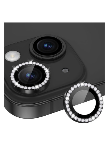 Стъклен протектор с метални рингове и камъни за задна камера MBX за Apple iPhone 15, 15 Plus, Черен