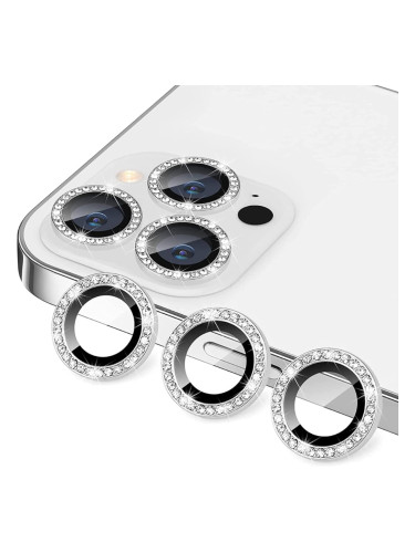 Стъклен протектор с метални рингове и камъни за задна камера MBX за Apple iPhone 15 Pro, 15 Pro Max, Сребрист