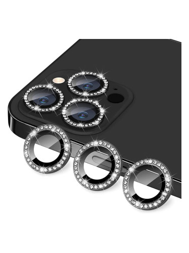 Протектор задна камера метални рингове с камъни MBX за iPhone 15 Pro, 15 Pro Max, Черен