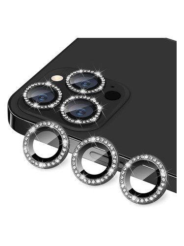 Стъклен протектор с метални рингове и камъни за задна камера MBX за Apple iPhone 15 Pro, 15 Pro Max, Черен