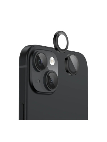 Стъклен протектор с метални рингове за задна камера MBX за Apple iPhone 15, 15 Plus, Черен