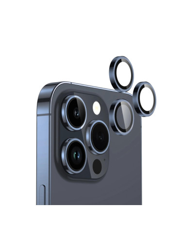 Стъклен протектор с метални рингове за задна камера MBX за Apple iPhone 15 Pro, 15 Pro Max, Син