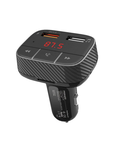 FM трансмитър ProMate Smartune-2+,  Universal Bluetooth v5.0 Car FM Modulator With Quick Charge 3.0 Port • Handsfree Support • Multiple Playback Options, Черен