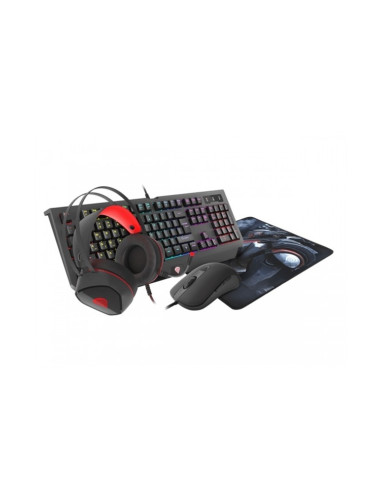 Комплект клавиатура/мишка/слушалки/подложка Genesis Cobalt 330 RGB, 6400dpi, USB, черни/червени