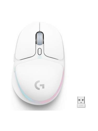 Мишка Logitech G705, оптична (8200 dpi), безжична, USB, Bluetooth, гейминг, бяла, 6 програмируеми бутона, RGB подсветка, до 40 часа време на работа