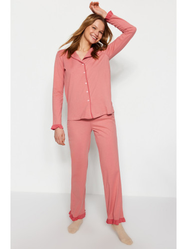 Trendyol Dusty Rose 100% Cotton Ruffled Bias Shirt-Pants Knitted Pajama Set