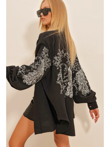 Trend Alaçatı Stili Women's Black Embroidered Kimono Jacket