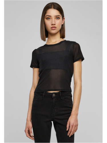 Women's short mesh T-shirt in black color