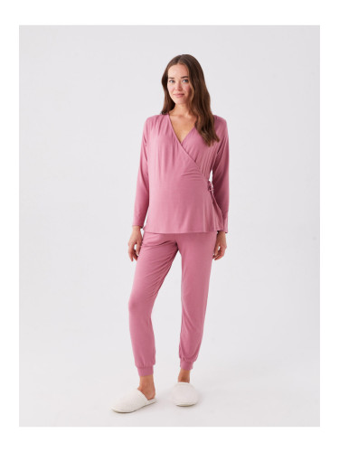 LC Waikiki Double Breasted Neck Plain Long Sleeve Maternity Pajamas Set