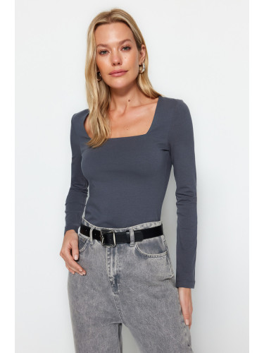 Trendyol Anthracite Cotton Square Neck Regular Fit Knitted Blouse
