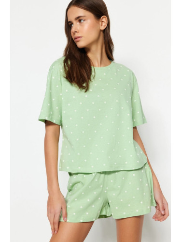 Trendyol Mint 100% Cotton Heart Patterned T-shirt-Shorts Knitted Pajama Set