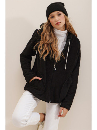 Trend Alaçatı Stili Women's Black Hooded Zippered Front Double Pocket Oversized Plush Sweatshirt