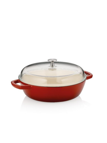 Чугунена плитка тенджера KELA CALIDO със стъклен капак - Ø28 см (3.8 л) - цвят червен