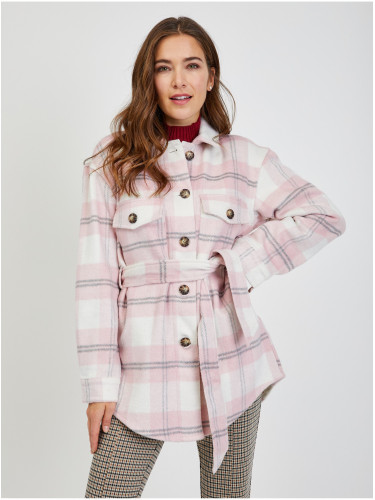 White-pink ladies plaid shirt jacket with tie ORSAY - Ladies