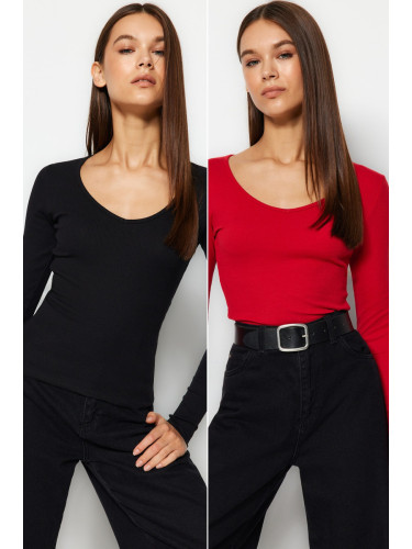Trendyol Black-Red 2-Pack V-Neck Fitted Cotton Stretchy Knitted Blouse