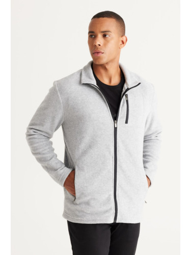 AC&Co / Altınyıldız Classics Men's Gray Melange Standard Fit High Bato Collar Pocket Zipper Cold Proof Sweatshirt Fleece Jacket