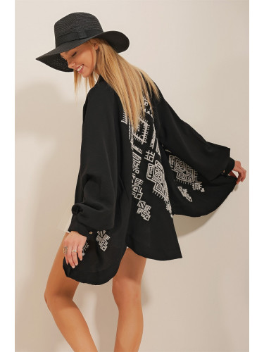 Trend Alaçatı Stili Women's Black Back Ethnic Embroidered Kimono Jacket