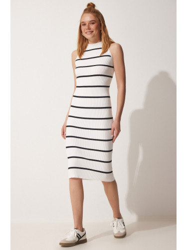 Happiness İstanbul Women's White Black Striped Summer Wrap Knitwear Dress